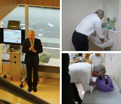 阪南市民病院健康フェアにて挨拶し、手洗いチェックを体験する水野市長