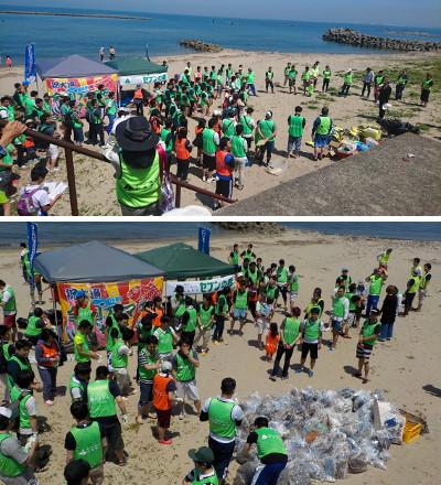西鳥取漁港西海岸で清掃活動の参加者が集まる前で挨拶する水野市長の様子と清掃活動で集めたゴミが積み上がる様子
