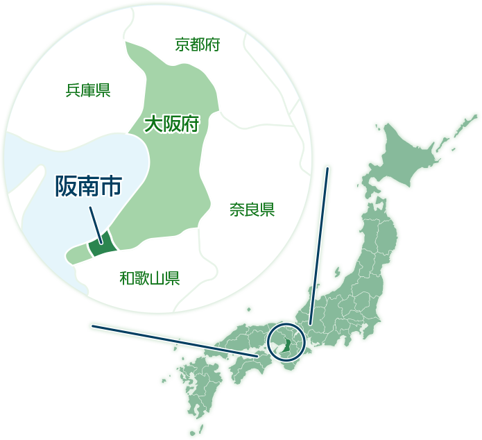 阪南市の地図画像。阪南市は、大阪府の南西、泉南地域に位置する市。。